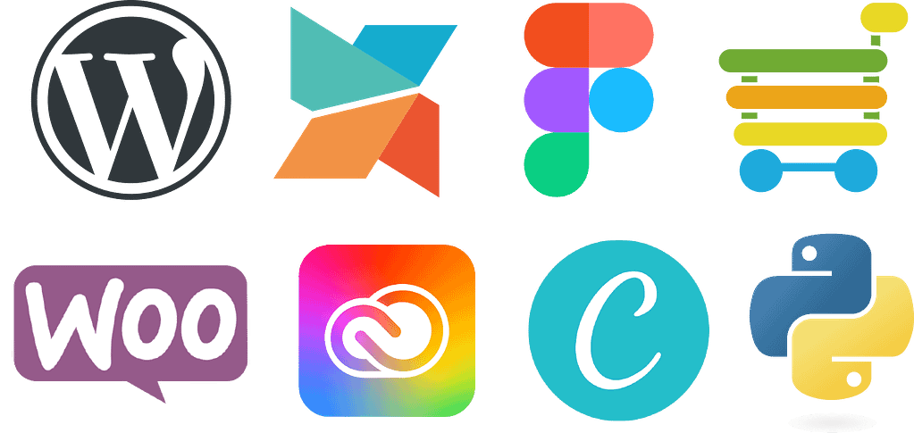 ウェブデザイン開発、ホームページ制作のためのソフトウェア、ワードプレス、うーコマース、モッドエックス、フィグマ、キャンバ、ウェルカート、パイソン
